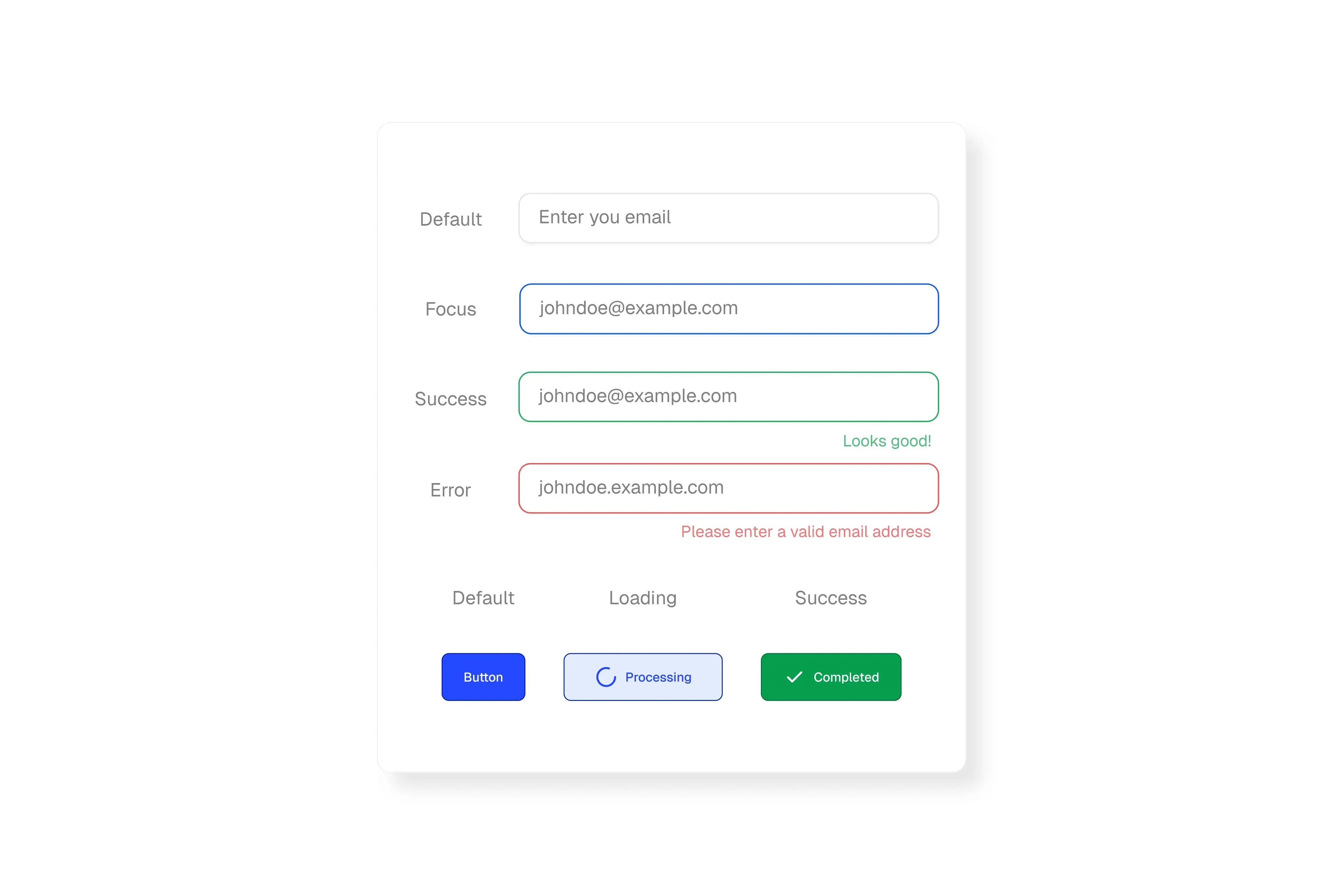 Button and input states including hover, focus, error and loading
