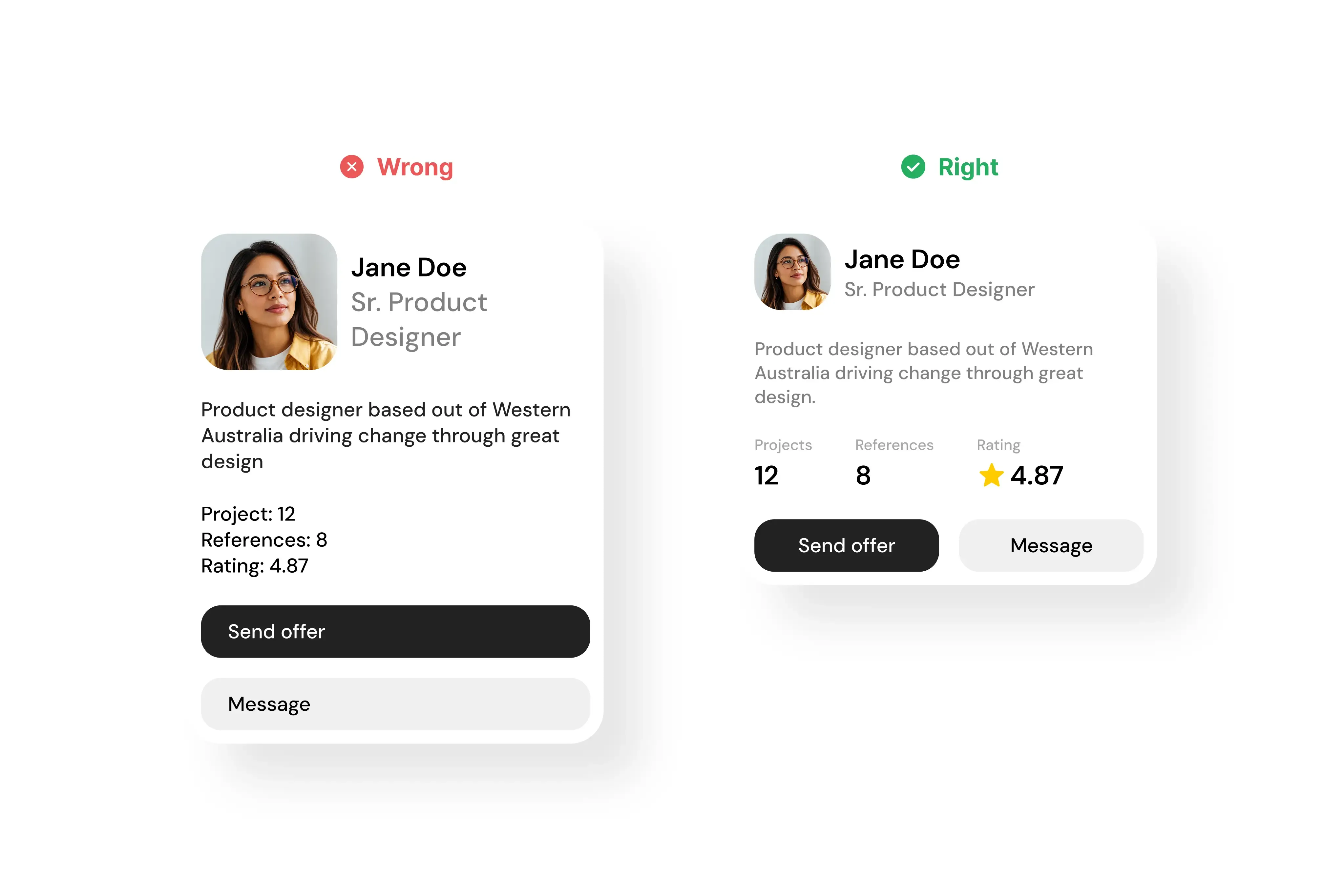 A booking card redesigned with size, position and colour creating clear hierarchy